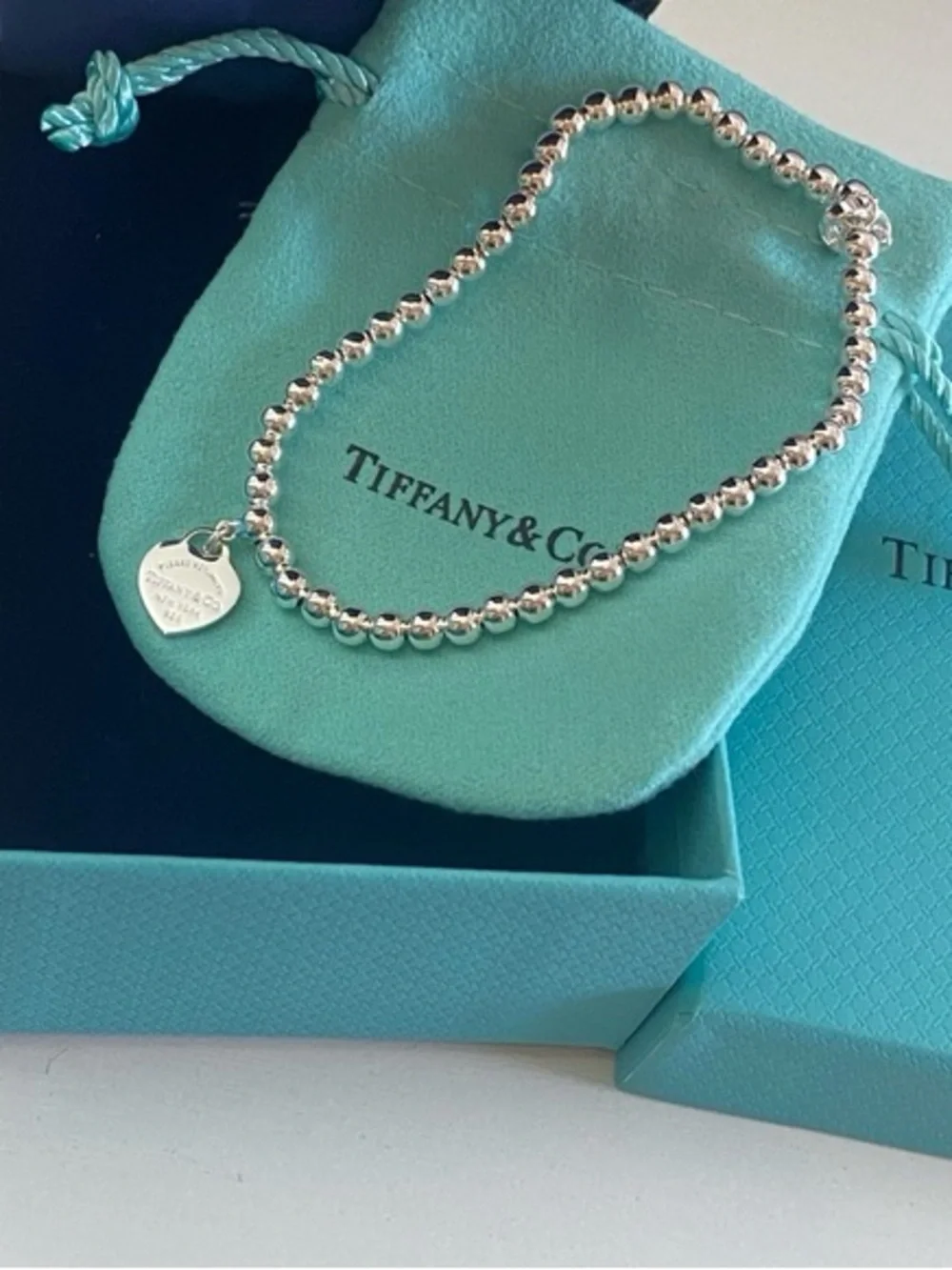 Tiffany & Co. Silver Bead Bracelet with Turquoise Heart Charm